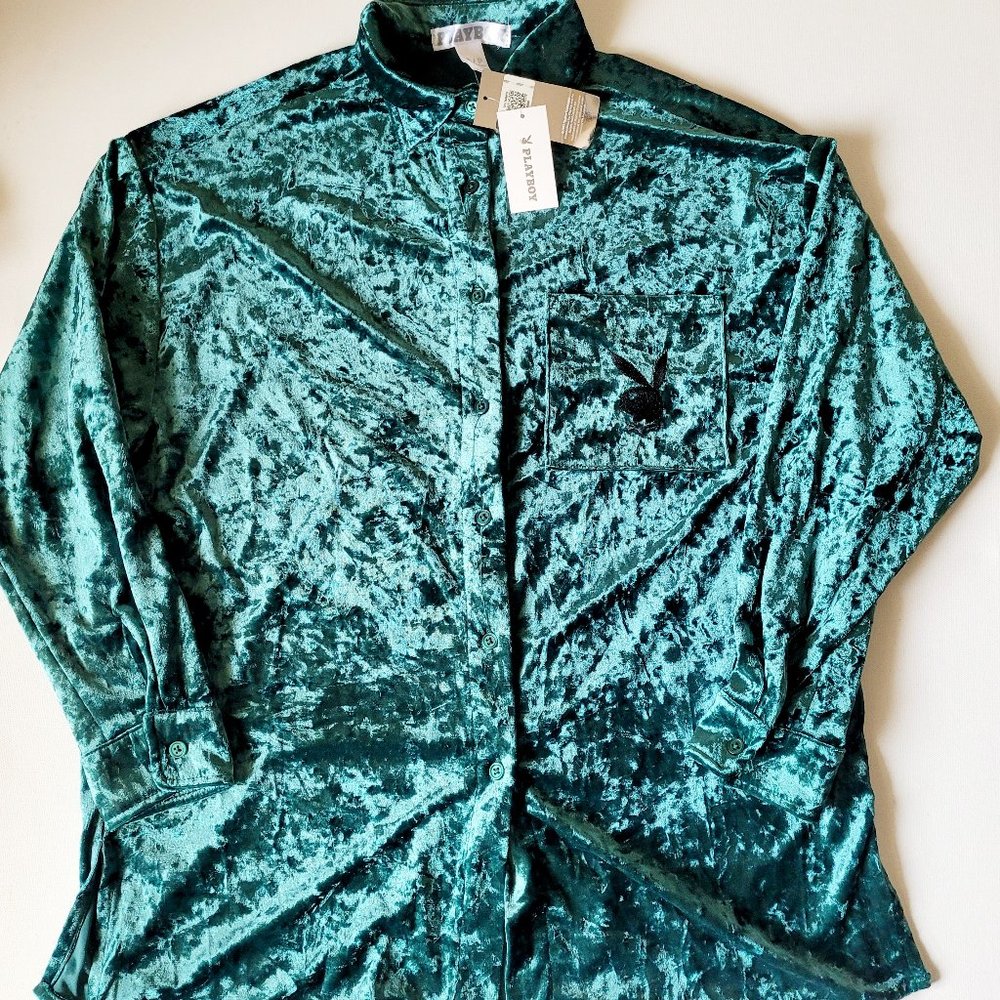 PLAYBOY Velour Emerald Green Long Sleeve Button Down Shirt